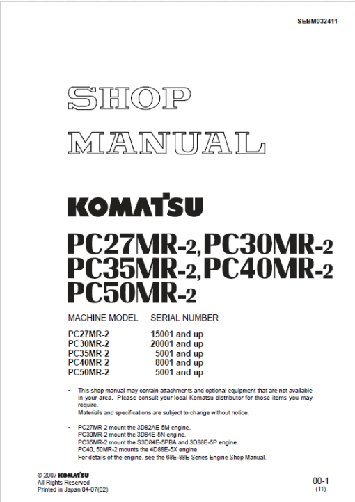 Komatsu PC27MR-2, PC30MR-2, PC35MR-2, PC40MR-2, PC50MR-2 Excavator Manual