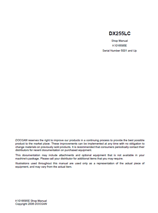 Doosan DX255 Excavator Service Manual