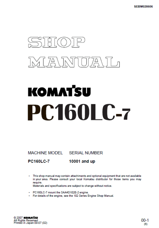 Komatsu PC160LC-7 Excavator Service Manual