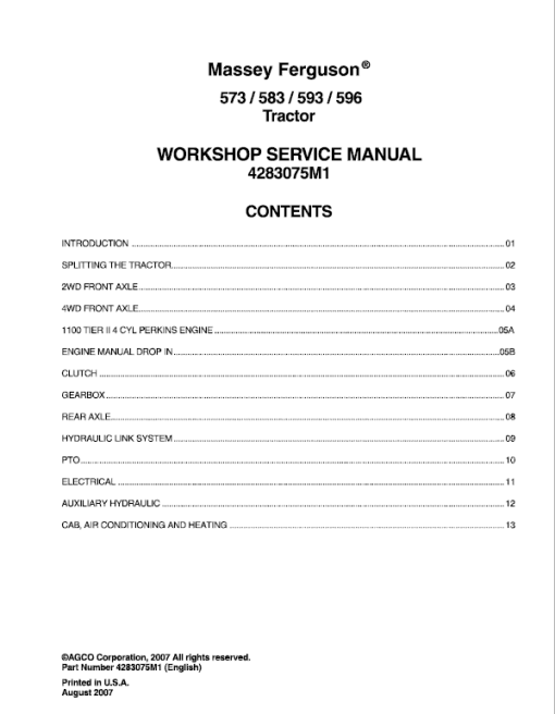 Massey Ferguson 573, 583, 593, 596 Tractor Service Manual