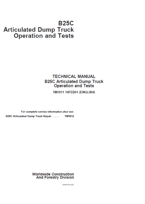 John Deere B25C Articulated Dump Truck Repair Technical Manual