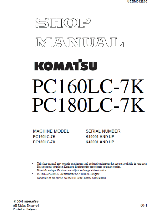 Komatsu PC160LC-7K, PC180LC-7K Excavator Service Manual