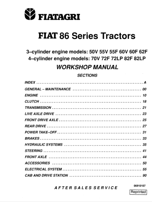 Fiat 50V, 55V, 55F, 60V, 60F, 62F Tractor Service Manual