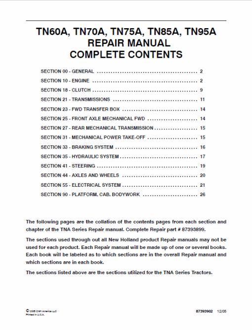 New Holland TN60A, TN70A, TN75A, TN85A, TN95A Tractor Service Manual