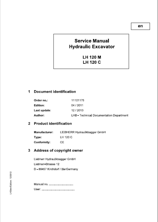 Liebherr LH120M, LH120C Litronic Hydraulic Excavator Service Manual