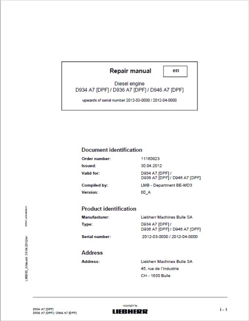 Liebherr D934 A7 DFP, D936 A7 DPF, D946 A7 DPF Engine Service Manual