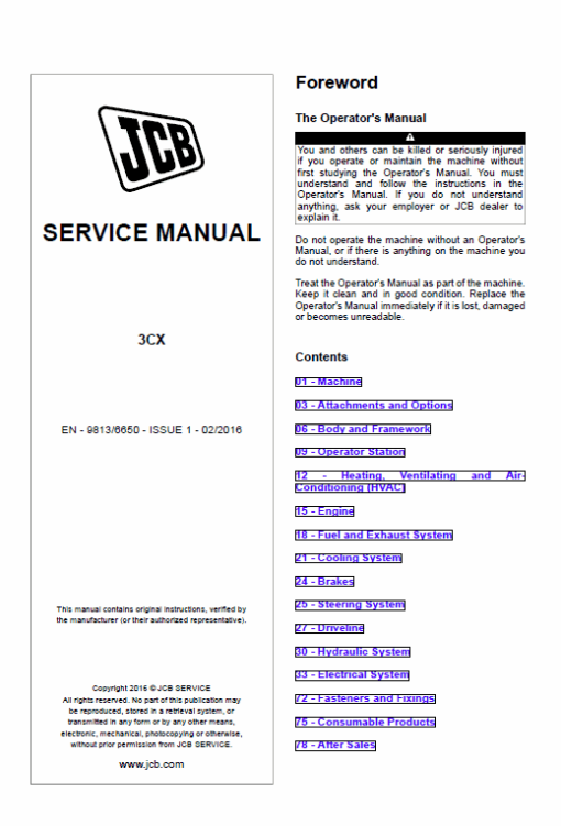 JCB 3CX Backhoe Loader Service Repair Manual (1918307- 1920000 & 2416001- 2416350 & 2496751- 2616002)