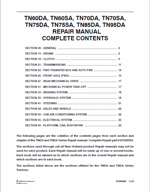 New Holland TN60DA, TN70DA, TN75DA, TN85DA, TN95DA Tractor Manual