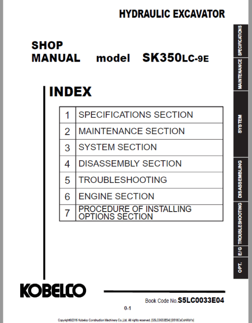 Kobelco SK350LC-9E Hydraulic Excavator Repair Service Manual