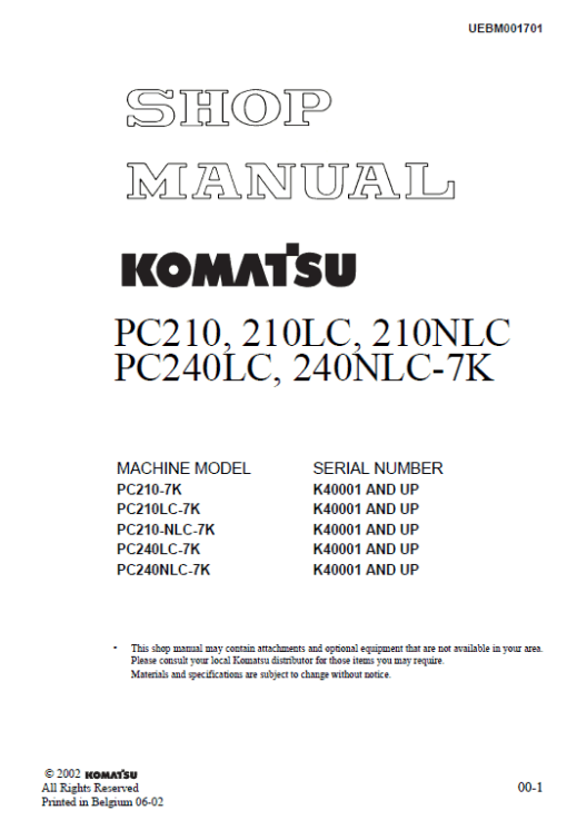 Komatsu PC210-7K, PC210LC-7K, PC240LC-7K, PC240NLC-7K Excavator Manual