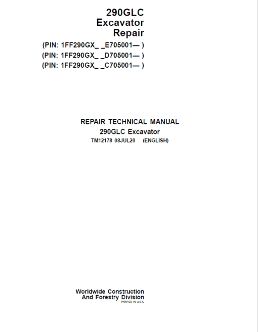 John Deere 290GLC Excavator Technical Manual (S.N after C705001, D705001, E705001)