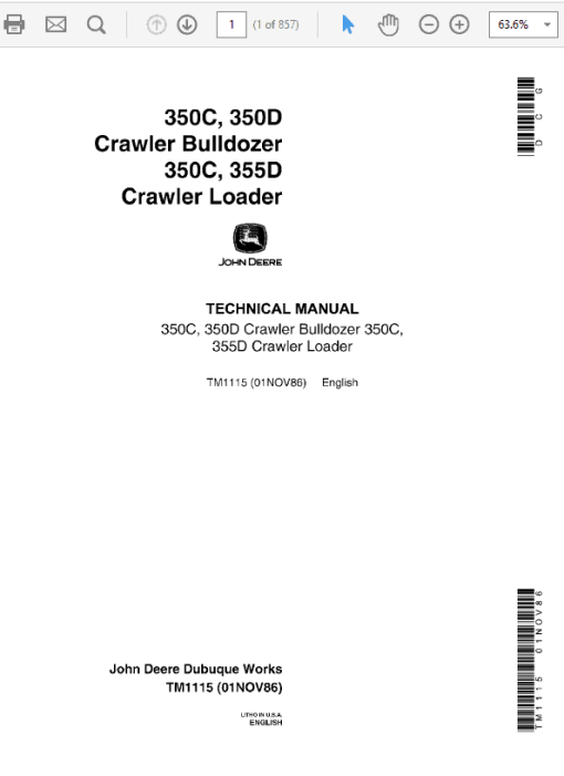 John Deere 350C, 350D, 355D Crawler Tractor Loaders Technical Manual (TM1115)