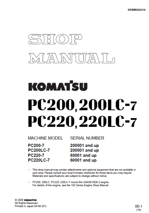 Komatsu PC220-7, PC220LC-7 Excavator Service Manual