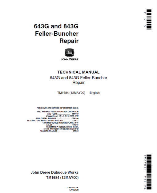 John Deere 643E, 843E Feller Buncher Service Repair Manual (TM1683 and TM1684)