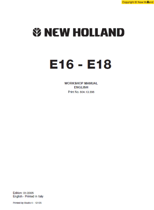 New Holland E16 and E18 Mini Excavator Service Manual