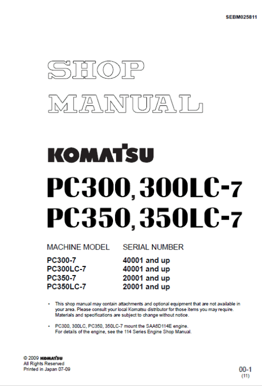 Komatsu PC300-7, PC300LC-7, PC350-7, PC350LC-7 Excavator Service Manual