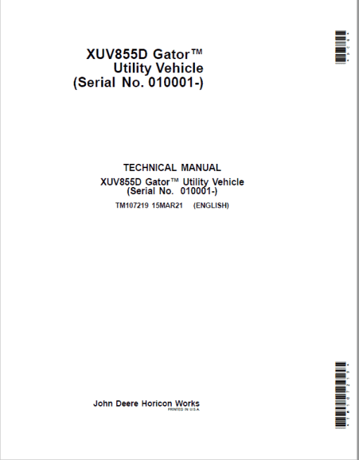 John Deere XUV855D Gator Utility Vehicle Repair Technical Manual (TM107219)