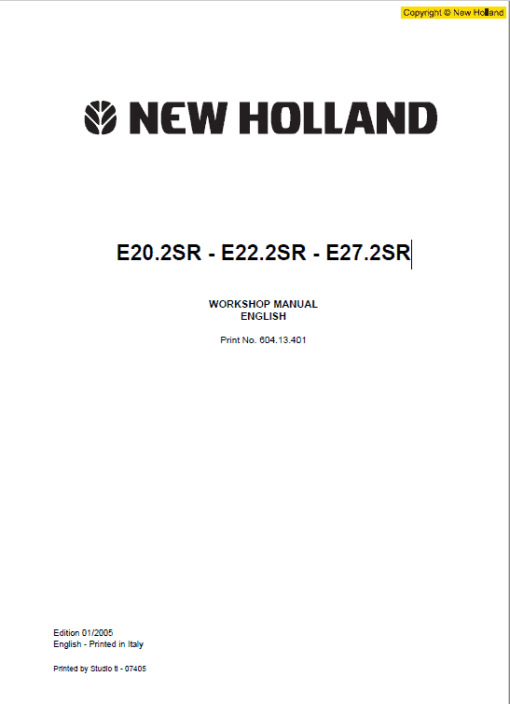 New Holland E20.2SR, E22.2SR and E27.2SR Mini Excavator Manual