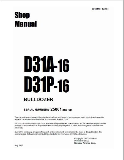 Komatsu D31A-16, D31P-16 Dozer Service Manual