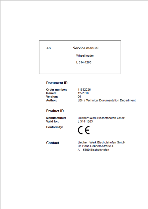 Liebherr L514 Type 1265 Wheel Loader Service Manual