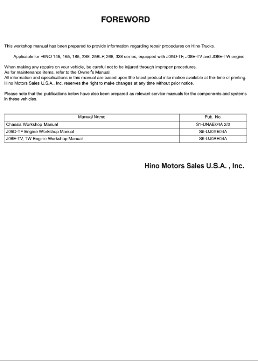 Hino 145, 165, 185, 238, 258LP, 268, 308, 338 Series Year 2008 Repair Manual - Image 2