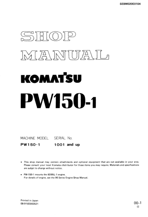 Komatsu PW150-1 Excavator Service Manual