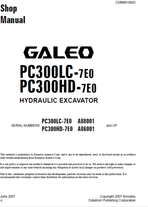 Komatsu PC300LC-7E0, PC300HD-7E0 Excavator Service Manual