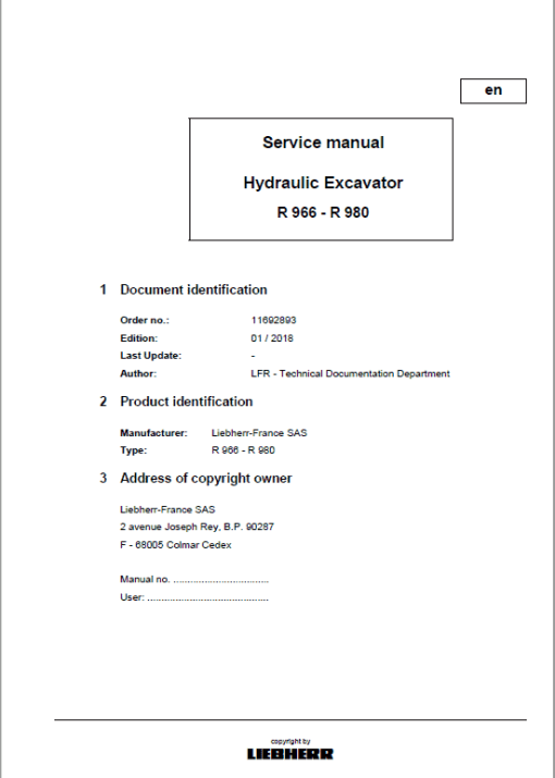 Liebherr R966, R970, R976, R980 Tier 3 Excavator Service Manual