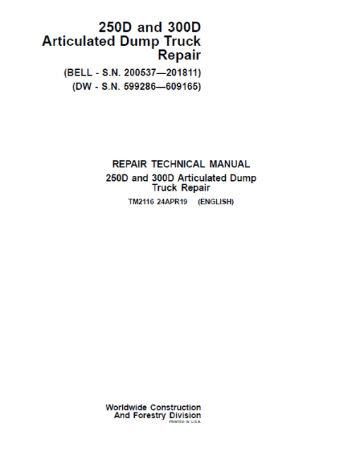 John Deere 250D, 300D Dump Truck Technical Manual (DW & BELL - S.N. 200537—201811)