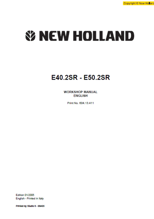 New Holland E40.2SR and E50.2SR Mini Excavator Service Manual