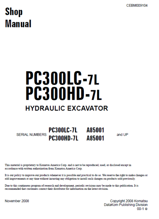 Komatsu PC300LC-7L, PC300HD-7L Excavator Service Manual