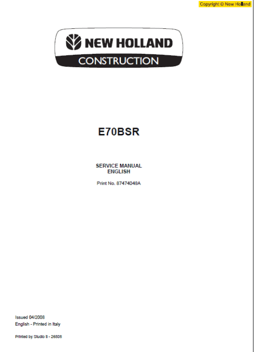 New Holland E70BSR Midi Excavator Service Manual