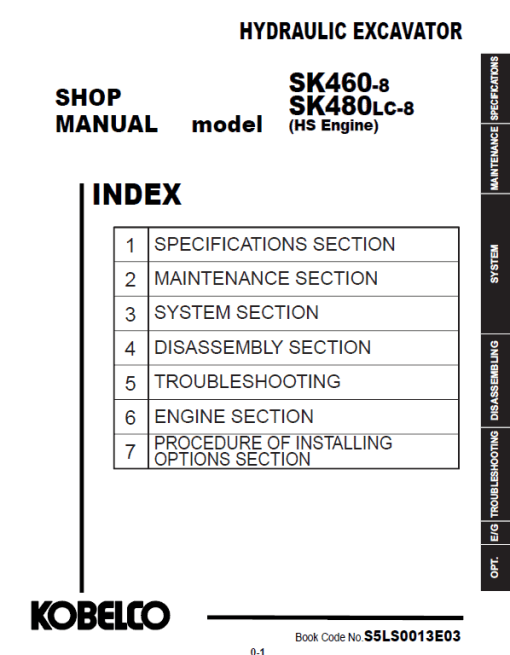 Kobelco SK460-8, SK480LC-8 Hydraulic Excavator Repair Service Manual