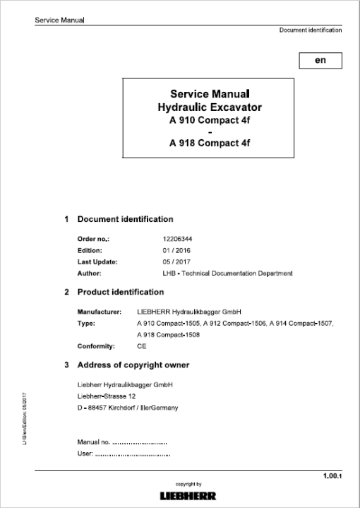 Liebherr A910, A912, A914, A918 Tier 4F Compact Excavator Service Manual