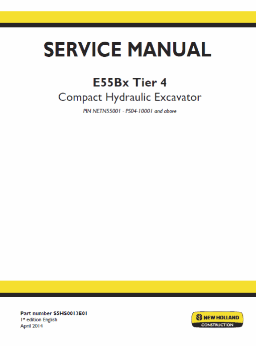 New Holland E55Bx Tier 4 Compact Excavator Service Manual