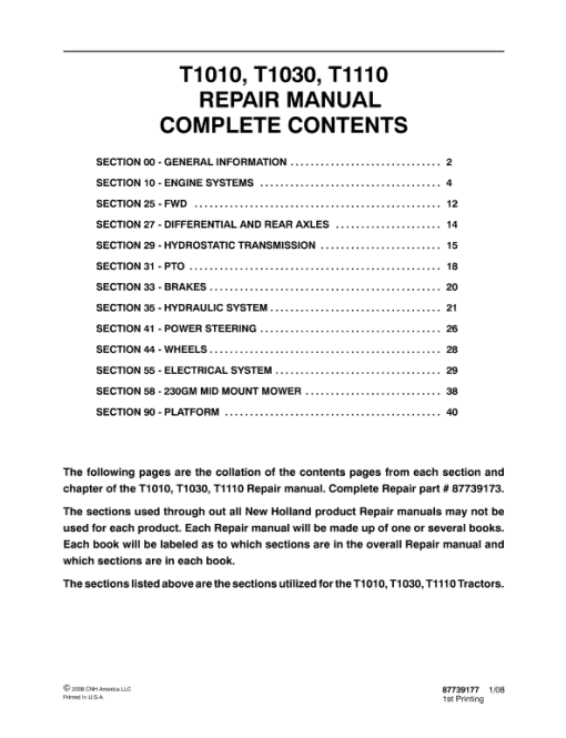 New Holland T1010, T1030, T1110 Tractor Service Manual