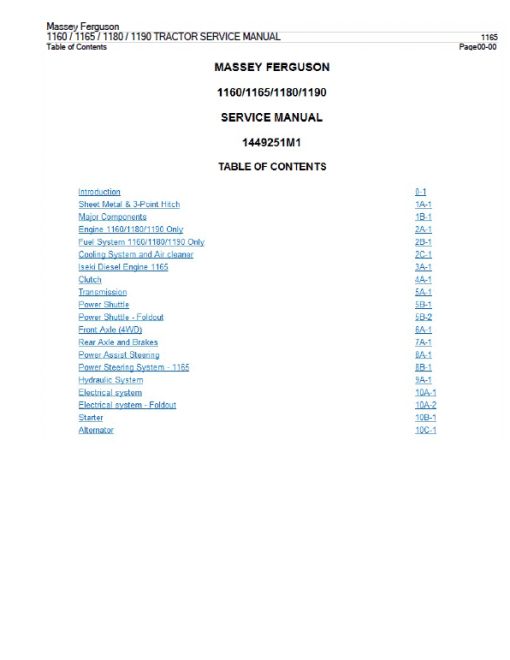 Massey Ferguson 1160, 1180, 1190 Tractor Service Manual