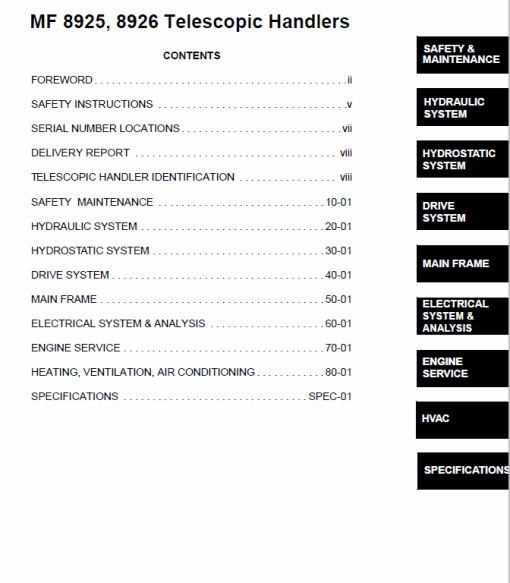 Massey Ferguson MF 8925, 8926 Telescopic Handlers Service Manual