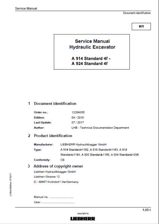 Liebherr A914, A916, A918, A920, A924 Standard Tier 4F Excavator Manual