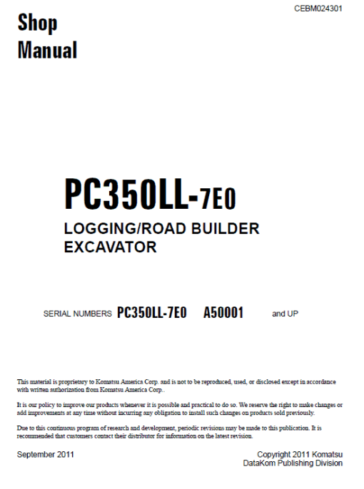 Komatsu PC350LL-7E0 Excavator Service Manual