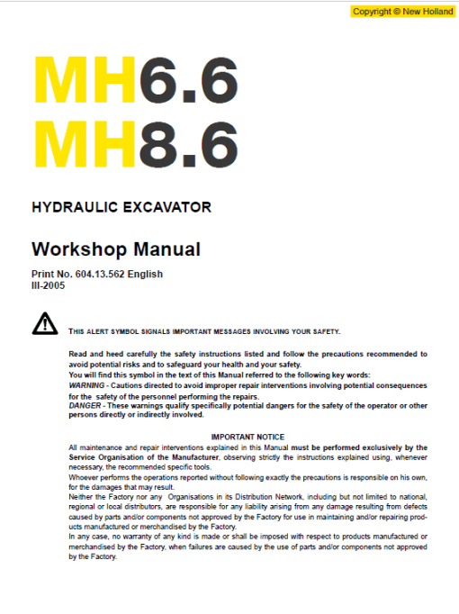 New Holland MH6.6 and MH8.6 Excavator Manual