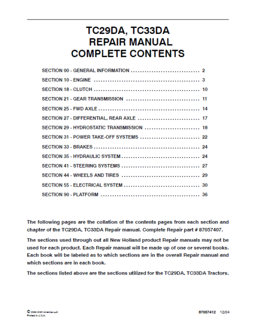 New Holland TC29DA, TC33DA Tractor Service Manual