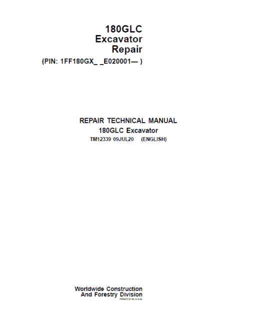 John Deere 180GLC Excavator Repair Technical Manual (S.N after E020001 -)