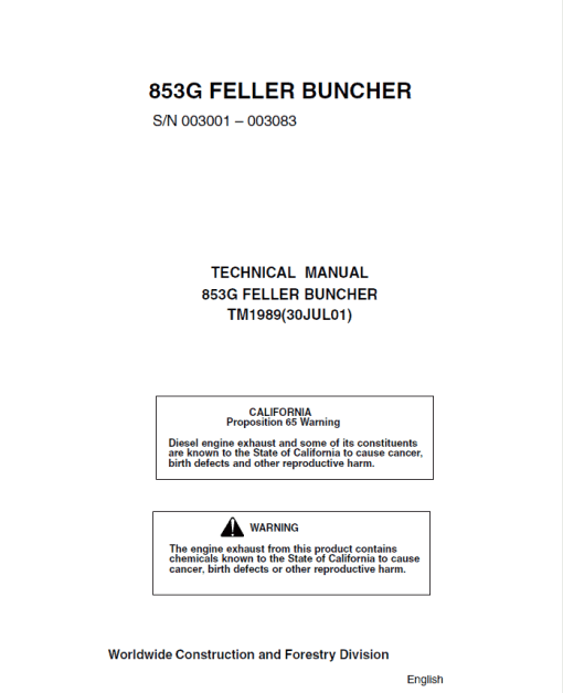 John Deere 853G Feller Buncher Service Repair Manual (SN 003001 – 003083)