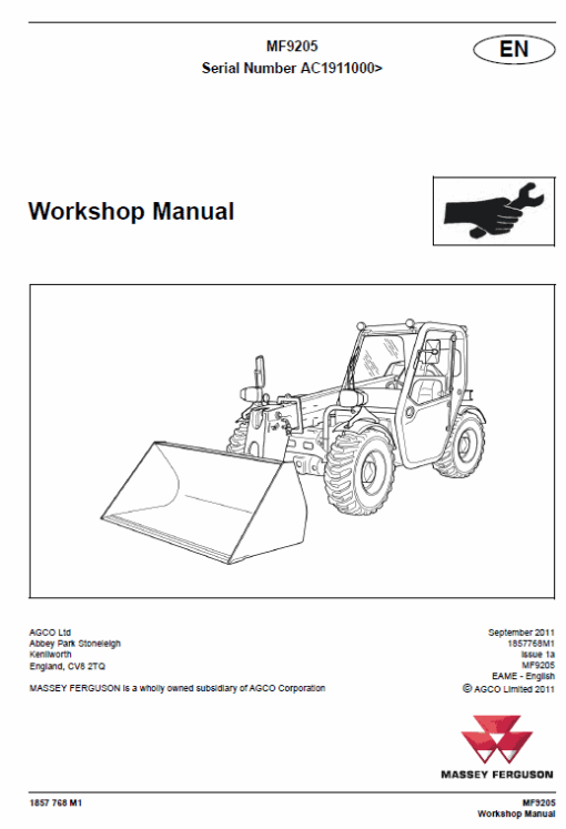 Massey Ferguson MF 9205 Telescopic Handler Service Manual