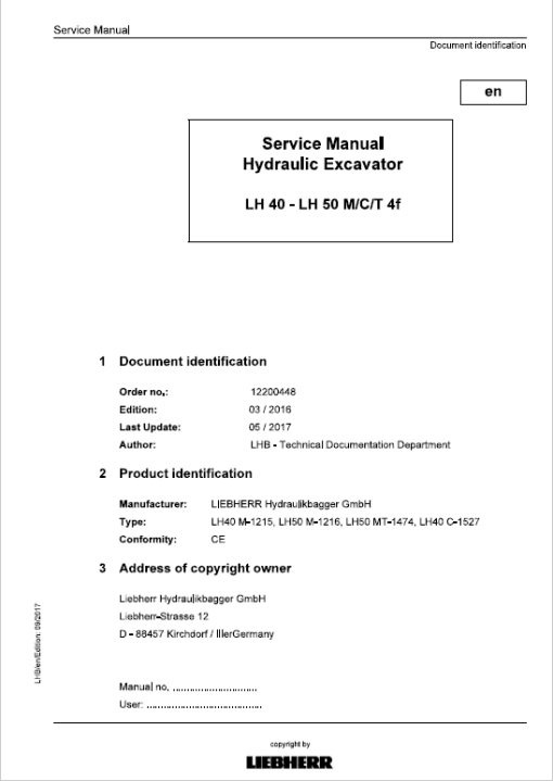 Liebherr LH40C, LH40M, LH50M, LH50MT Tier 4F Excavator Service Manual