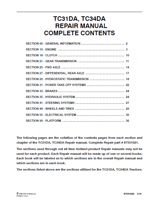 New Holland TC31DA, TC34DA Tractor Service Manual