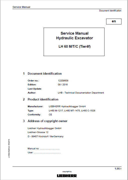 Liebherr LH60C, LH60M, LH60MT Tier 4F Hydraulic Excavator Service Manual