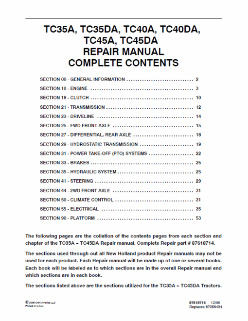 New Holland TC35A, TC35DA, TC40A Tractor Service Manual