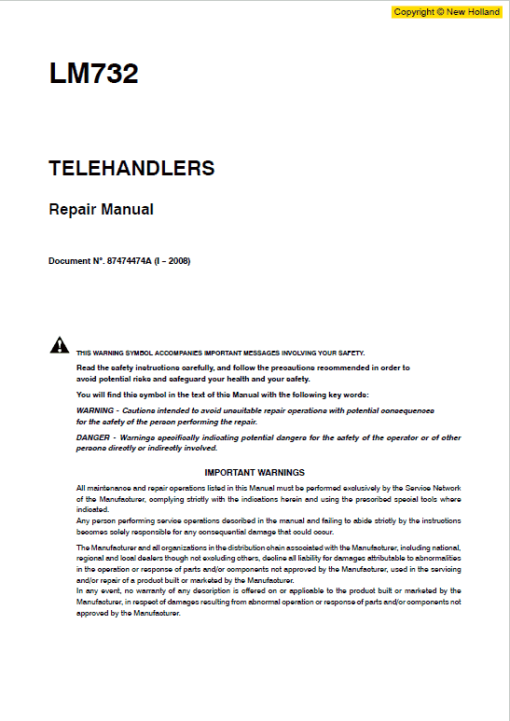 New Holland LM732 Telehandlers Service Manual